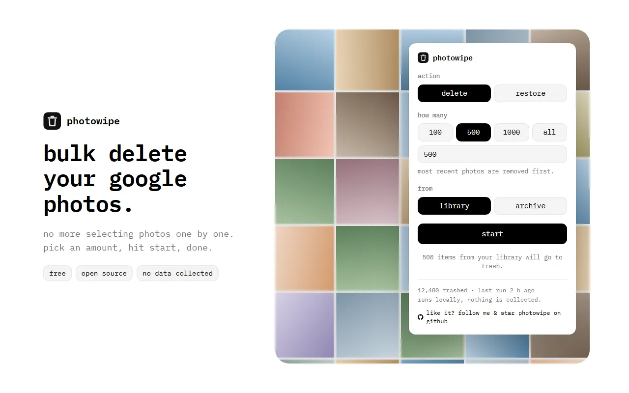 PhotoWipe panel with delete or restore, an amount of 100, 500, 1000 or all, and library or archive