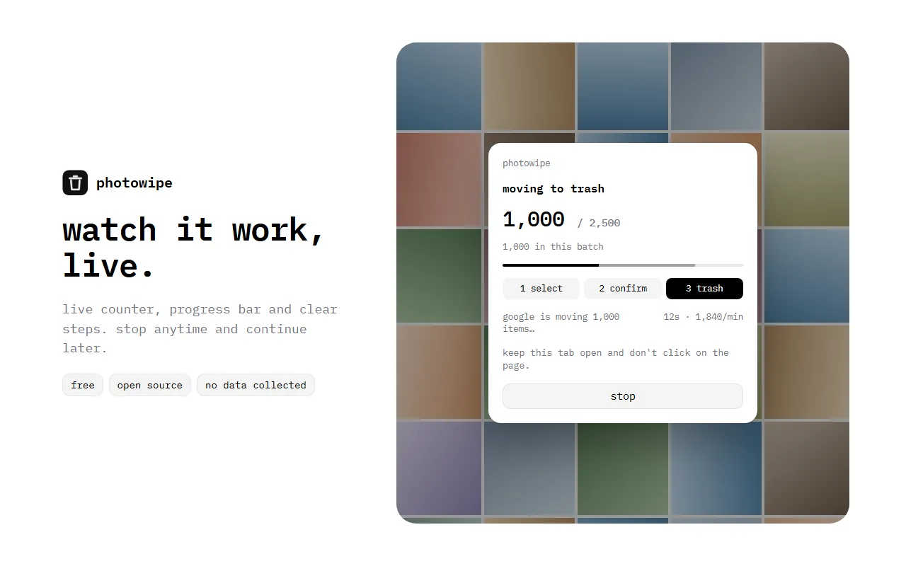PhotoWipe live progress: 1,000 of 2,500 items moved to trash, with select, confirm and trash steps