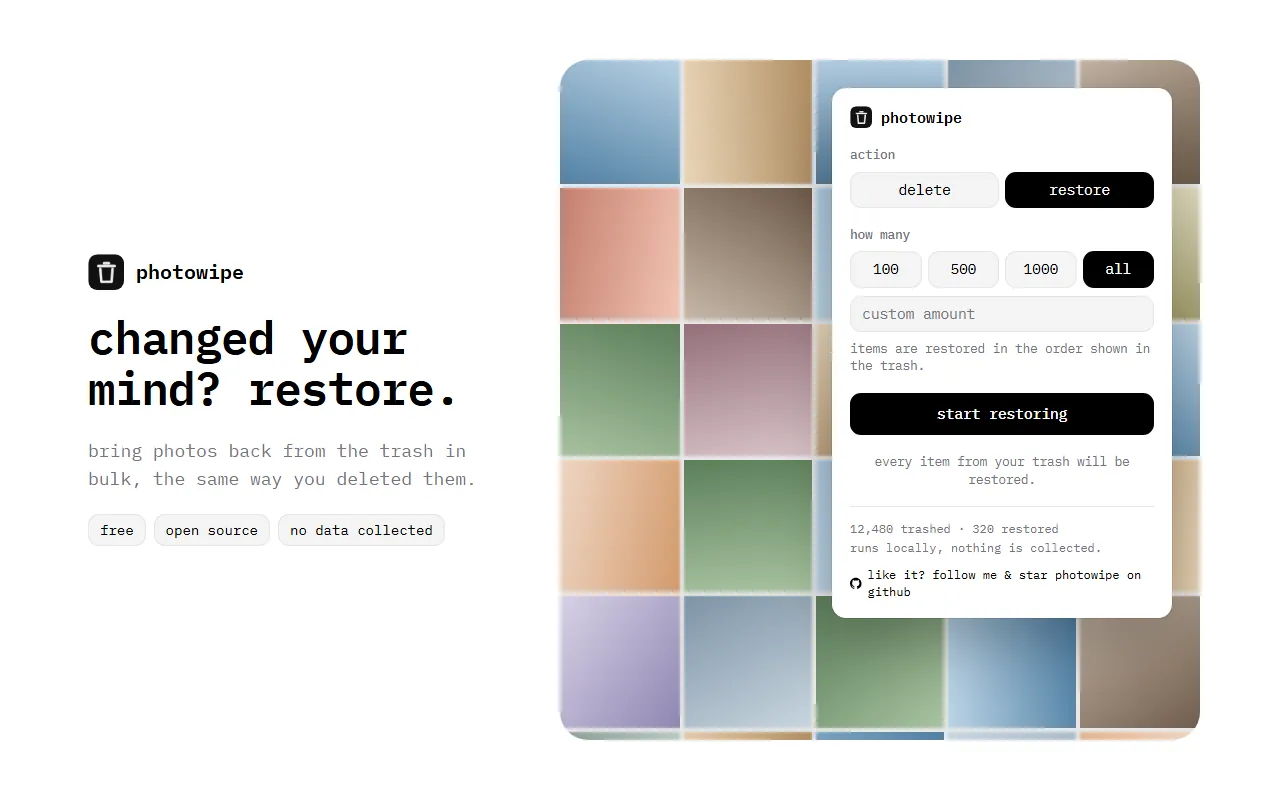 PhotoWipe restore mode with the “all” amount selected, ready to restore every item from the Google Photos trash