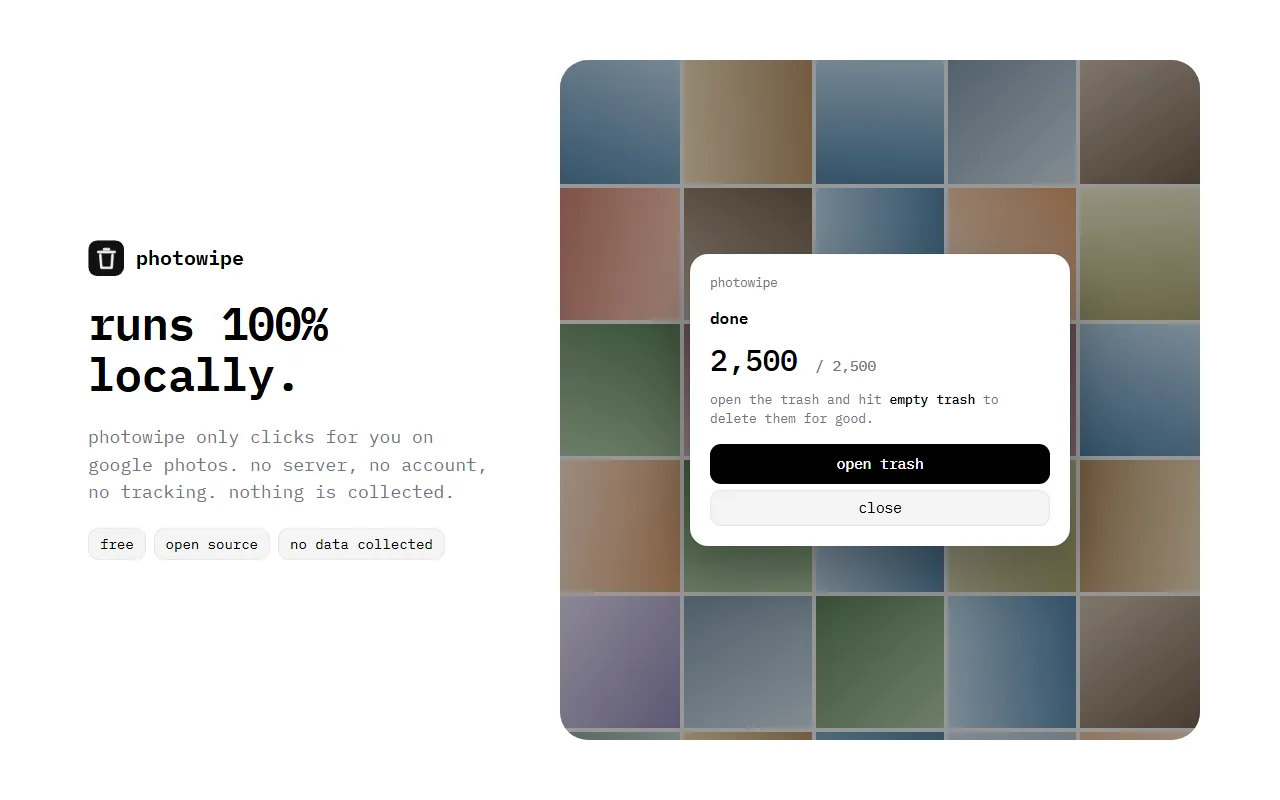 PhotoWipe done screen: 2,500 of 2,500 moved, with an open trash button