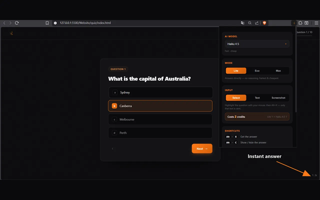 TrustStudy settings next to a practice quiz page, with the answer shown in the corner